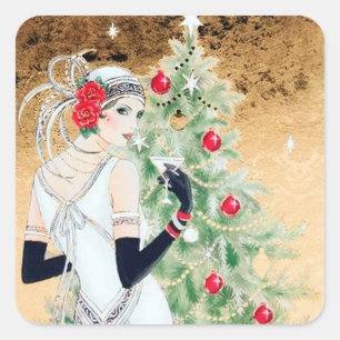 Art deco retro vintage Christmas lady sticker