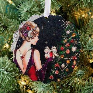 Art Deco retro vintage Christmas lady Tree Decoration Card