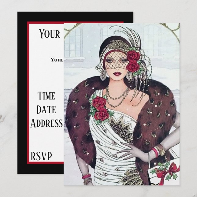Art deco retro vintage Christmas party lady Invitation (Front/Back)