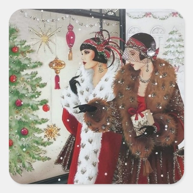 Art deco retro vintage ladies Christmas sticker (Front)