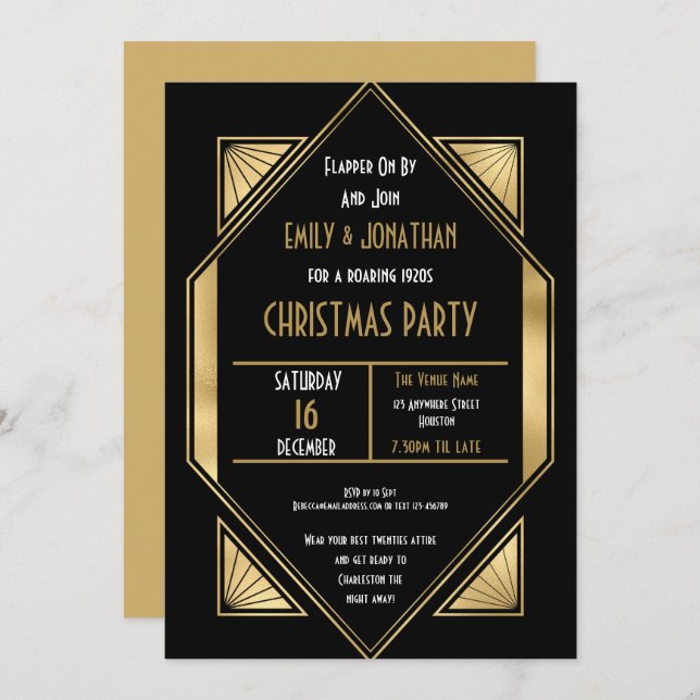 Art Deco Roaring 1920s Gold Black Christmas Party Invitation (Front/Back)