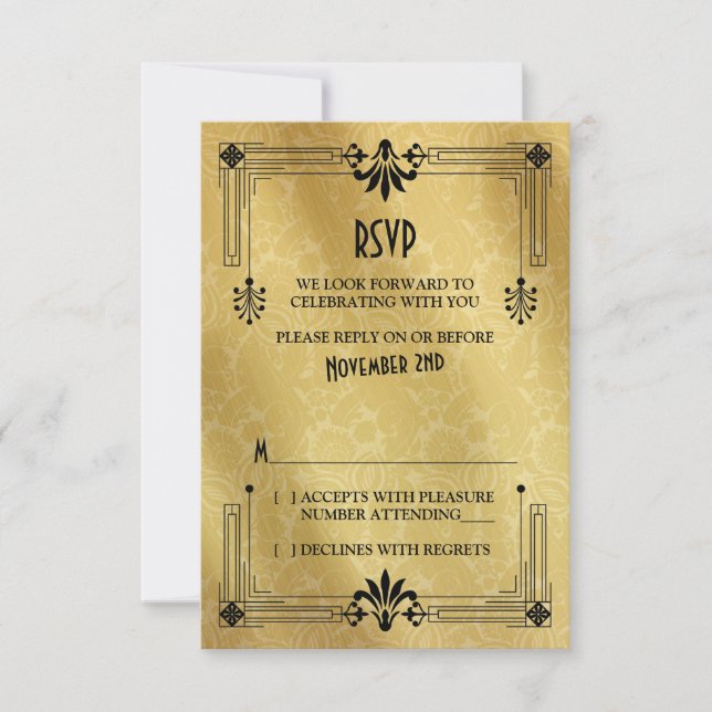 Art Deco Roaring 20s Black Gold Wedding RSVP Card (Front)