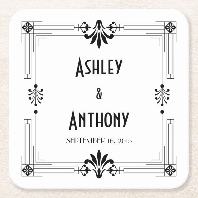 Art Deco Roaring 20s Bride Groom Date Wedding Square Paper Coaster (Front)