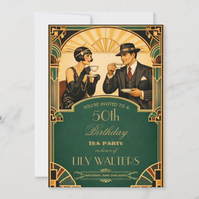 Art Deco Roaring 20s Gatsby Tea Birthday Party Invitation (Front)