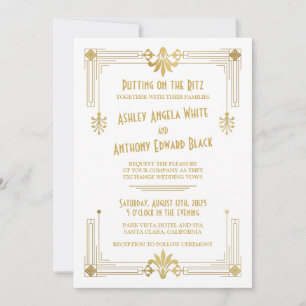 Art Deco Roaring 20s Gold White Wedding Invitation