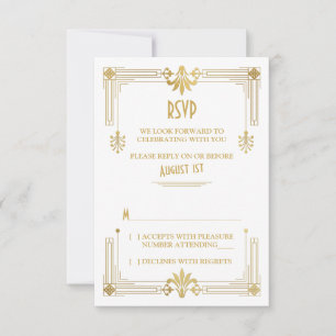 Art Deco Roaring 20s Gold White Wedding RSVP Card