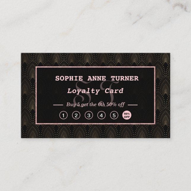 Art Deco Rose Gold Monogram Makeup Artist Loyalty Card (Front)