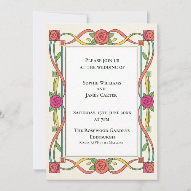 Art Deco Rose Ribbon Wedding Invitation (Front)
