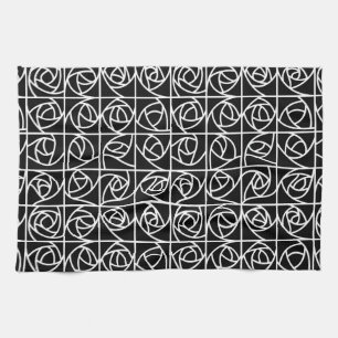 Art Deco Rose Squares Stylised Floral black white Tea Towel