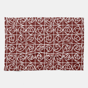Art Deco Rose Squares Stylised Floral deep red Tea Towel