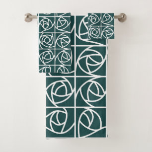 Art Deco Rose Squares Stylised Floral green Bath Towel Set