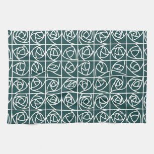 Art Deco Rose Squares Stylised Floral green Tea Towel