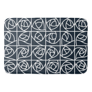 Art Deco Rose Squares Stylised Floral navy blue Bath Mat