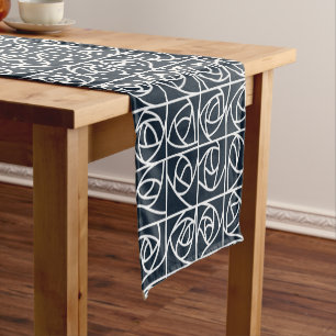 Art Deco Rose Squares Stylised Floral navy blue Short Table Runner