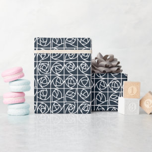 Art Deco Rose Squares Stylised Floral navy blue Wrapping Paper