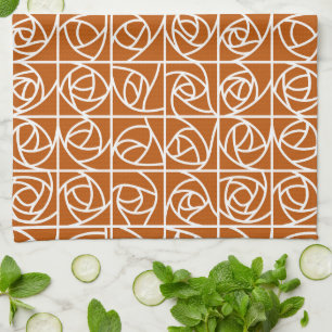 Art Deco Rose Squares Stylised Floral orange Tea Towel