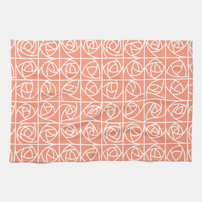 Art Deco Rose Squares Stylised Floral peach Tea Towel (Horizontal)
