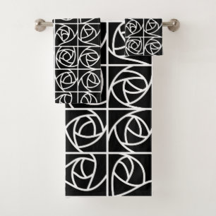 Art Deco Rose Squares Stylized Floral black white Bath Towel Set