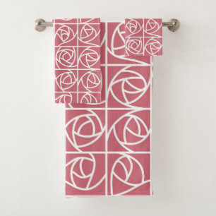 Art Deco Rose Squares Stylized Floral pink Bath Towel Set