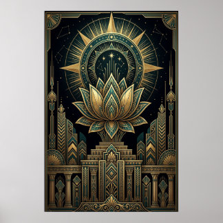 Art Deco Sacred Lotus Celestial Compass Poster
