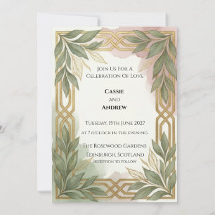 Art Deco Sage Gold Foliage Wedding Invitation