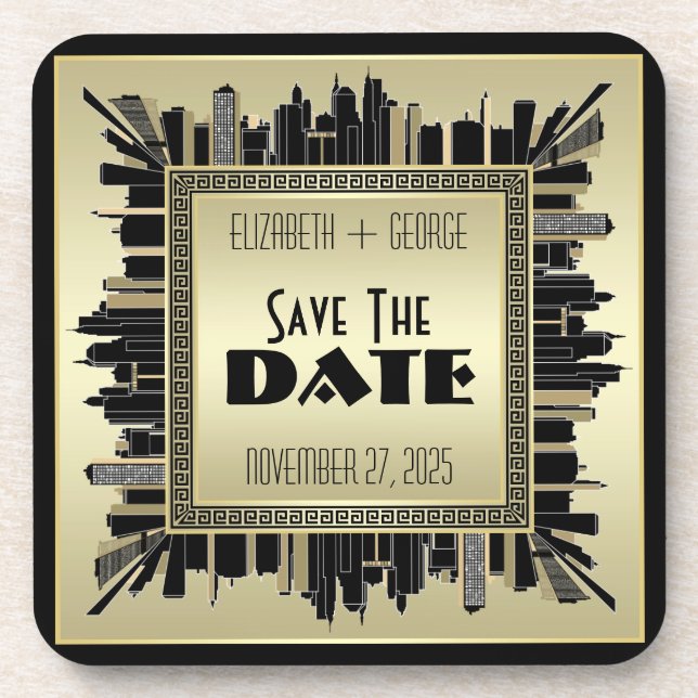 Art Deco Save the Date Champagne Gold Gatsby Glam Coaster (Front)