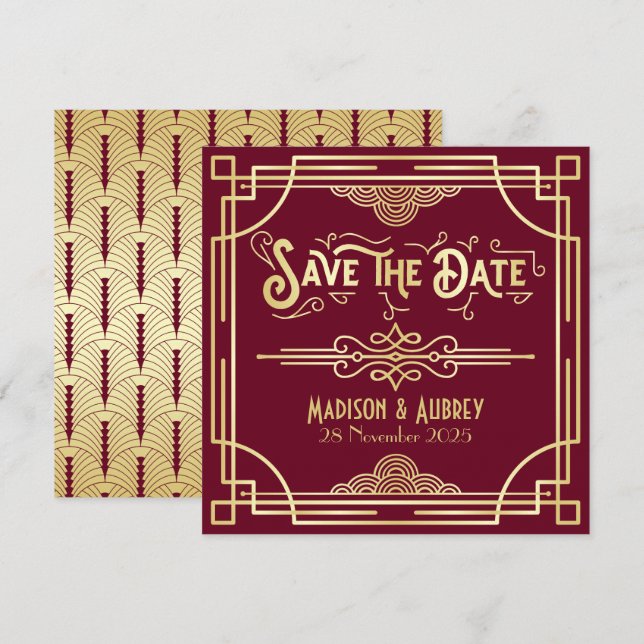 Art Deco Save the Date Gold Burgundy Great Gatsby (Front/Back)