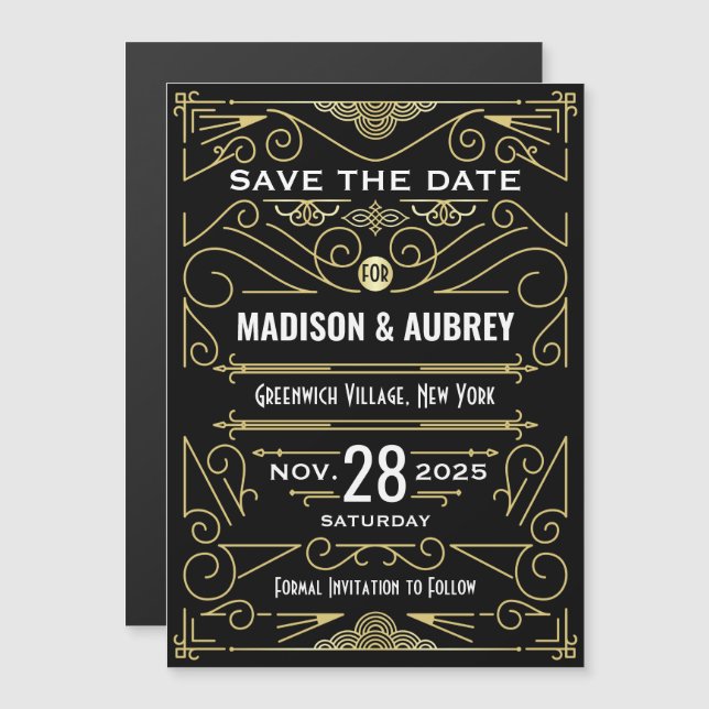 Art Deco Save the Date Wedding Elegant Gold Black Magnetic Invitation (Front/Back)