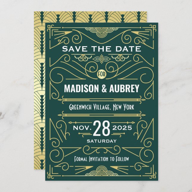 Art Deco Save the Date Wedding Elegant Gold Green Invitation (Front/Back)