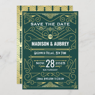 Art Deco Save the Date Wedding Elegant Gold Green Invitation