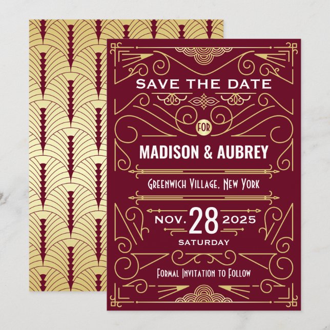 Art Deco Save the Date Wedding Gold Burgundy Invitation (Front/Back)