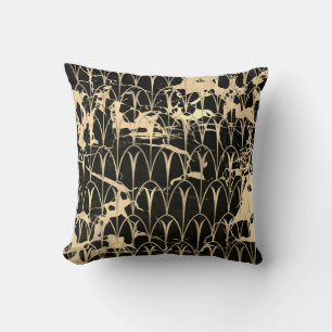 Art Deco Scales Geometry Black Sepia Gold Marble Cushion