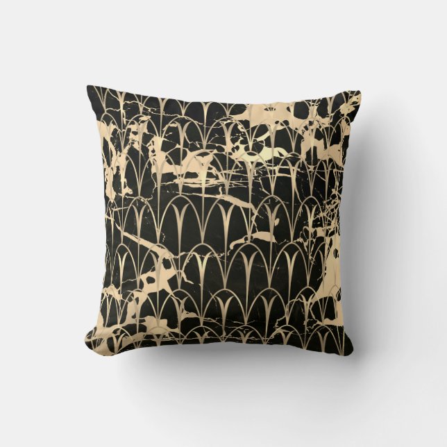Art Deco Scales Geometry Black Sepia Gold Marble Cushion (Front)
