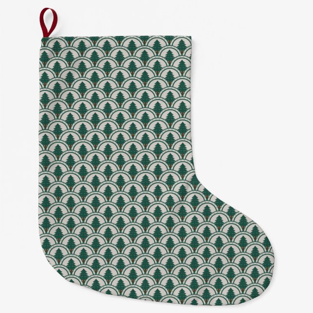 Art Deco Scalloping Evergreen Pattern Large Christmas Stocking (Front)