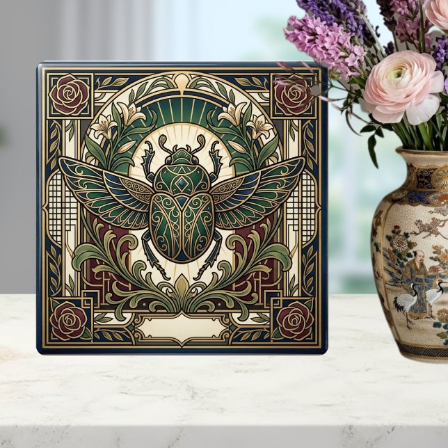 Art Deco Scarab Beetle Green Gold Floral Ceramic  Tile (Creator Uploaded)