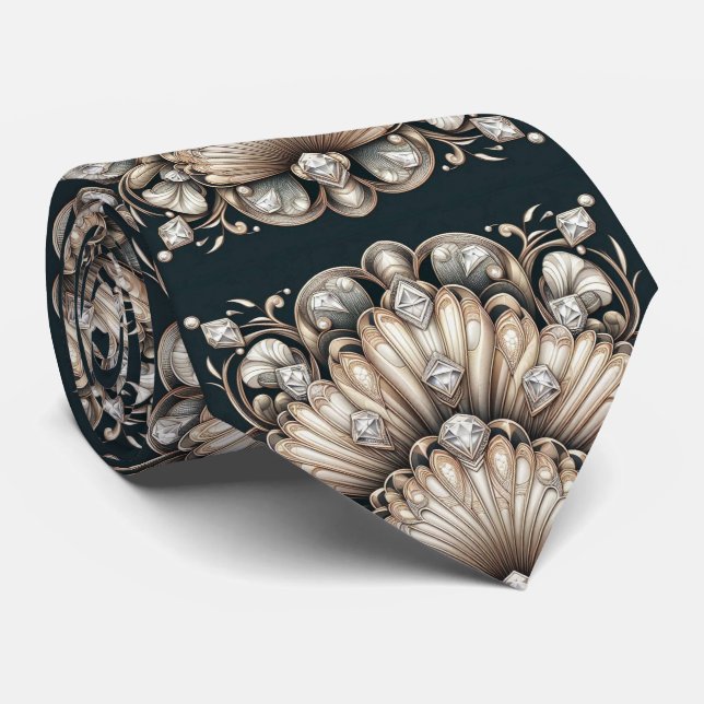 Art Deco Seashell Faux Diamond Faux Silk  Tie (Rolled)