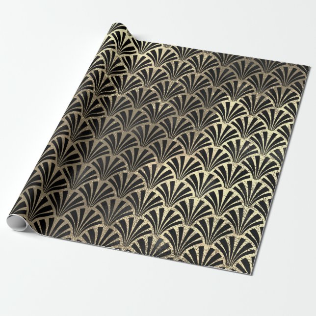 Art Deco Seashell Scale Black Faux Champaigne Gold Wrapping Paper (Unrolled)