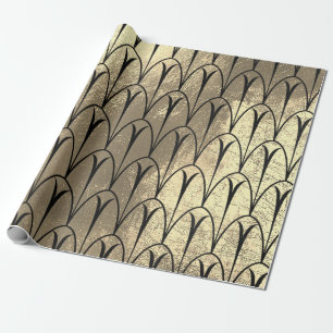 Art Deco Seashells Scales Black Sepia Gold Wrapping Paper