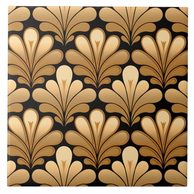 Art Deco Shell Pattern, Gold and Black Tile (Front)