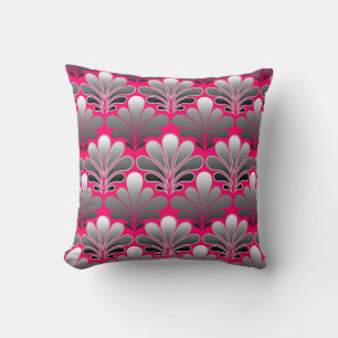 Art Deco Shell Pattern, Grey and Fuchsia Pink Cushion