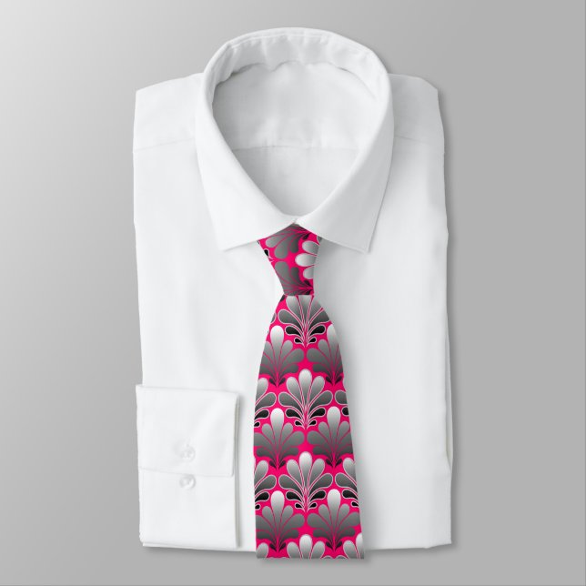 Art Deco Shell Pattern, Grey and Fuchsia Pink Tie (Tied)
