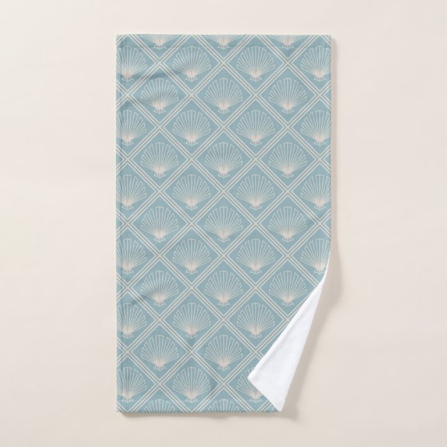 Art Deco Shell Pattern In Duck Egg Blue And Beige Hand Towel (Hand Towel)