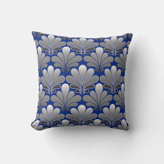 Art Deco Shell Pattern, Silver and Cobalt Blue Cushion (Front)