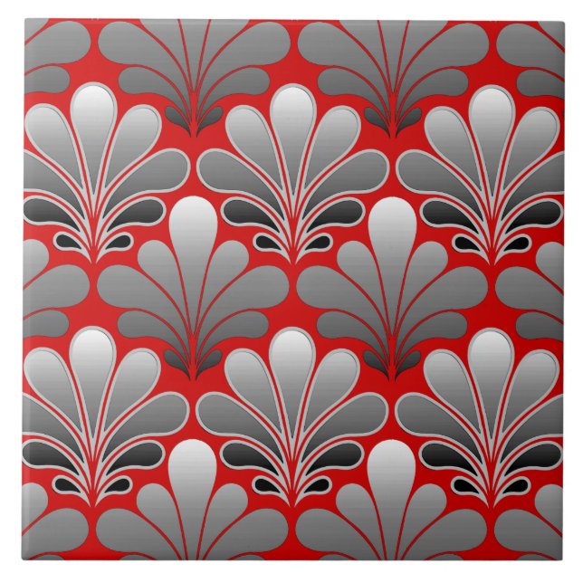 Art Deco Shell Pattern, Silver Grey / Grey and Red Tile (Front)