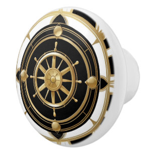Art Deco Ship Wheel Black White Gold Nautical Ceramic Knob
