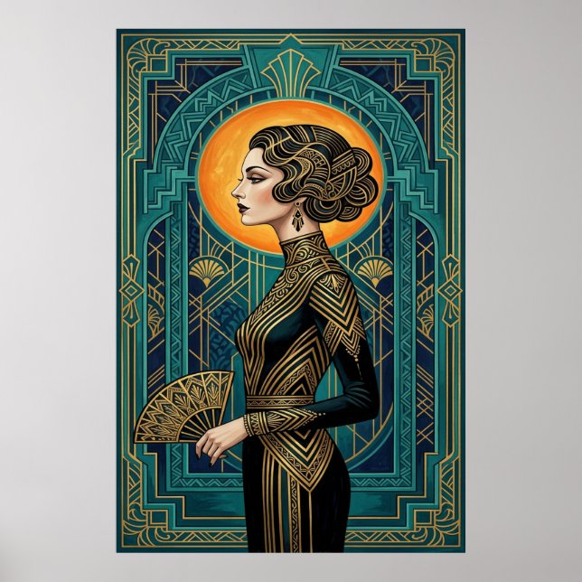 Art Deco Side Profile Dancer Gold Teal Fan Poster (Front)