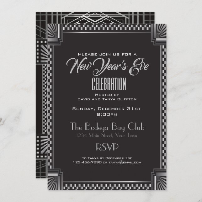 Art Deco Silver and Black NYE Gatsby Style Invitation (Front/Back)