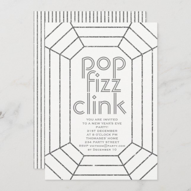 Art Deco silver pop fizz clink New Year party Invitation (Front/Back)