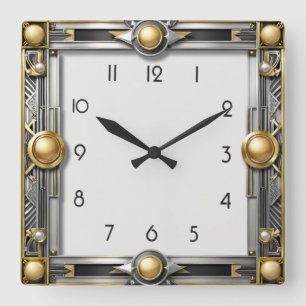 Art Deco silver Square Wall Clock
