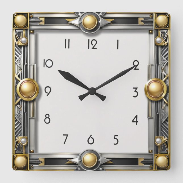 Art Deco silver Square Wall Clock (Front)